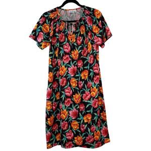 Vintage Village Fair Floral Midi Dress Pockets Cottagecore Small Silky Moo Moo